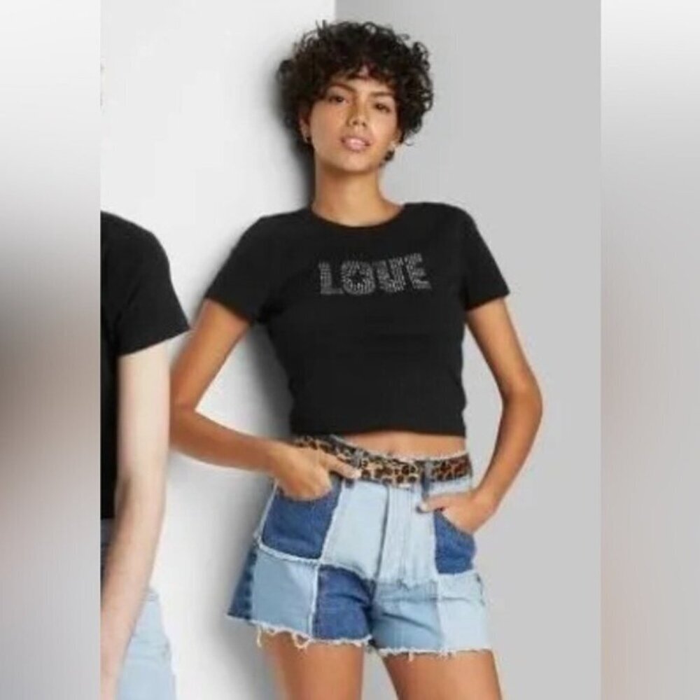 Wild Fable Black Cropped Tee Love Spellout Top XL